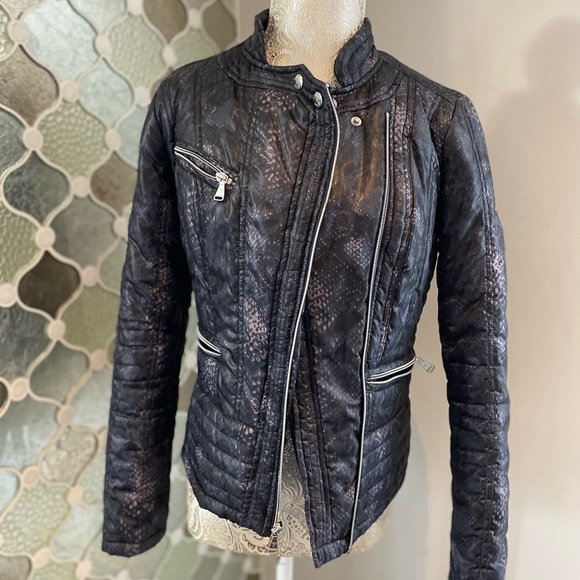 GUESS Womens Python Print Moto Puffer Jacket Black/gray XS - Picture 10 of 14